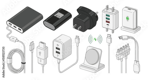 Modern portable power bank charger adapters and wireless charging devices collection