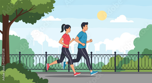 Man and woman jogging together on a paved path in a city park on a sunny day