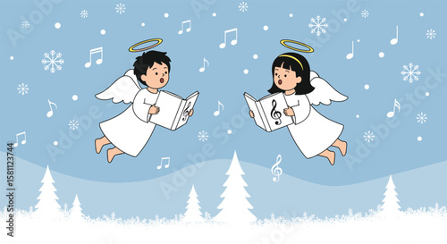 Two little angels singing christmas carols under a snowy sky with musical notes