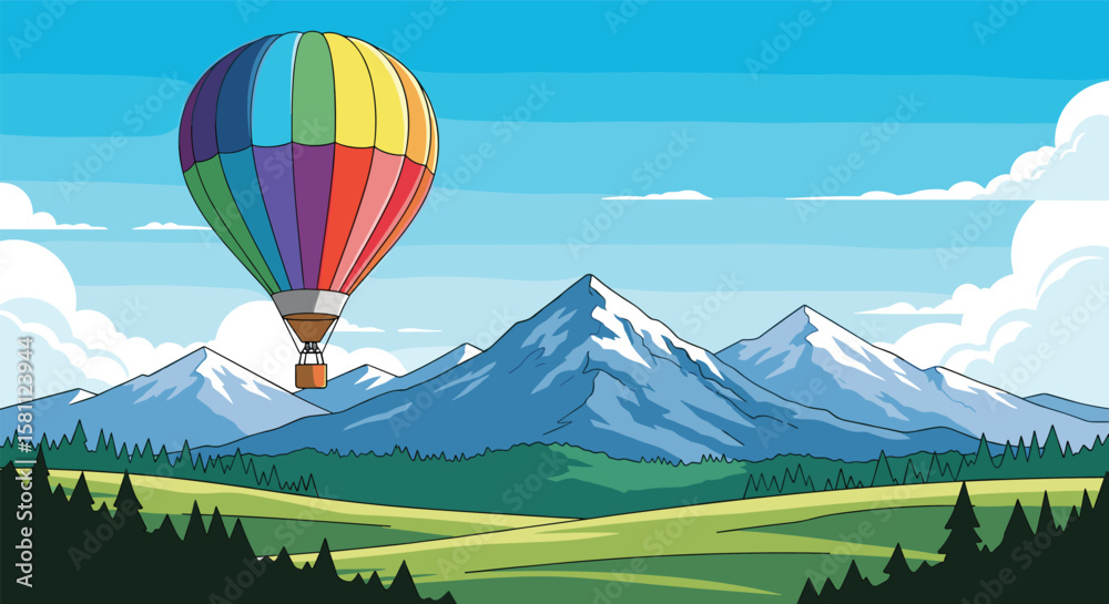 Naklejka premium Colorful hot air balloon ascends over snowy mountain peaks and green valleys