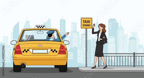 City transportation with yellow taxi cab and woman hailing a ride at taxi stand