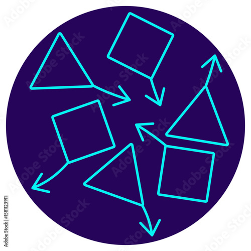 AI Unsupervised Learning icon. Vector pictogram with thin lines on a dark blue circular background, illustrating independent grouping of different objects without predefined categories