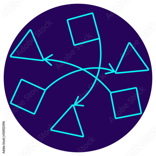Data Transformation icon. Supervised Learning icon. Vector pictogram with thin lines on a round dark blue background. Clean minimal outline style representing labeled training processes in AI systems