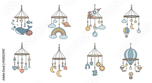 Hand drawn baby nursery mobile collection featuring celestial and animal designs