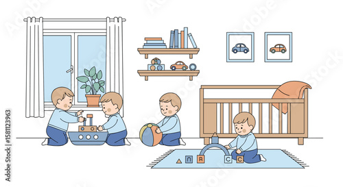 Four young children engaged in play activities within a cozy nursery room environment