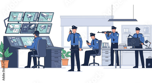 Security guards monitor surveillance cameras and operate command center equipment for protection