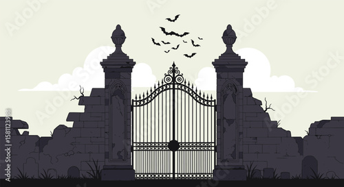 Ornate wrought iron cemetery gates guard a path to a dark and mysterious place with a cloudy sky and flying bats overhead