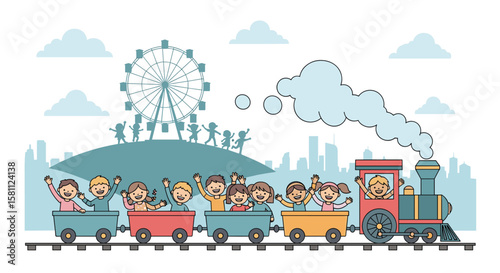 Joyful children ride colorful train through amusement park with ferris wheel and city skyline background illustration