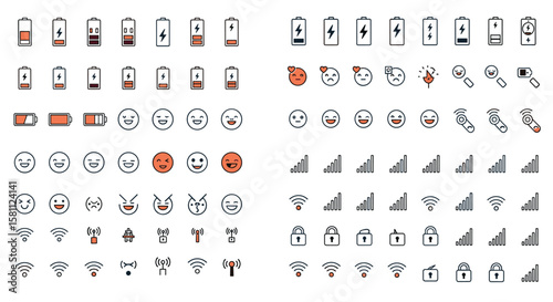 Collection of mobile device icons including battery levels signals and emoji faces