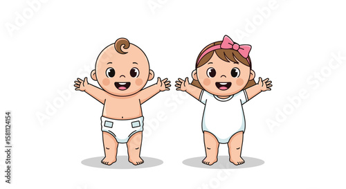 Cute baby boy and girl with open arms ready for a hug