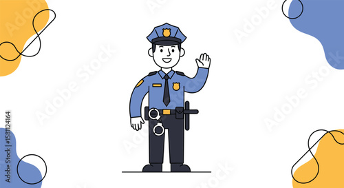 Friendly police officer waving hello with a smile on a clean white background