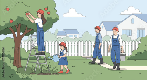 Family together harvesting fresh apples from orchard trees on a sunny afternoon