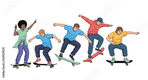 Group of diverse teenagers performing amazing skateboarding tricks and poses together outdoors