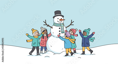 Children happily building a large snowman together in the snowy outdoors during winter playtime