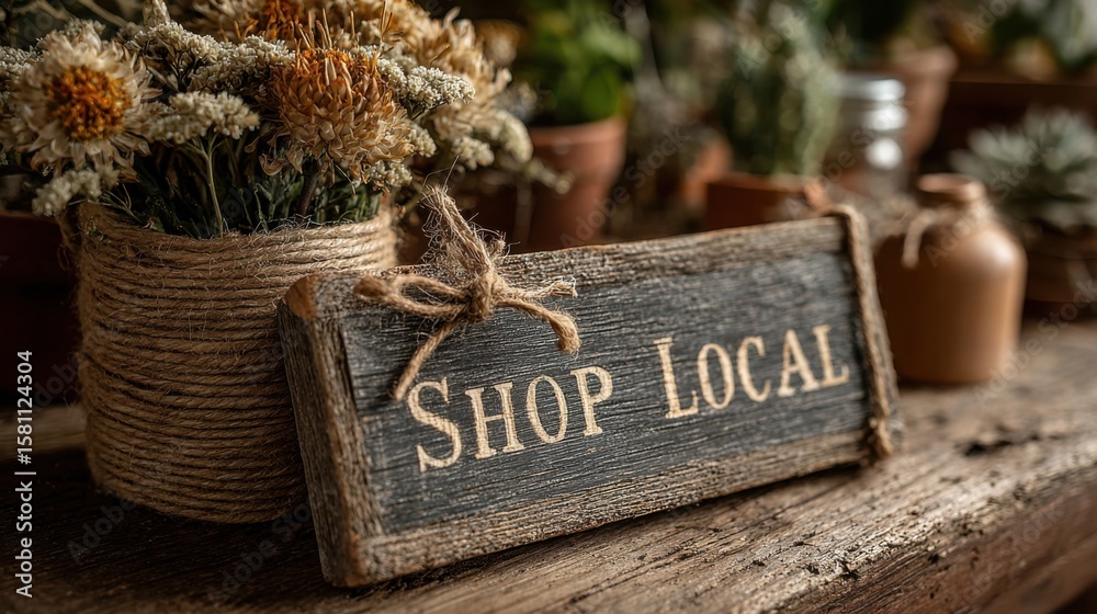 Naklejka premium A rustic wooden sign reading Shop Local rests on a wooden surface, surrounded by potted plants and dried flowers at a local market. It highlights community support and local businesses.