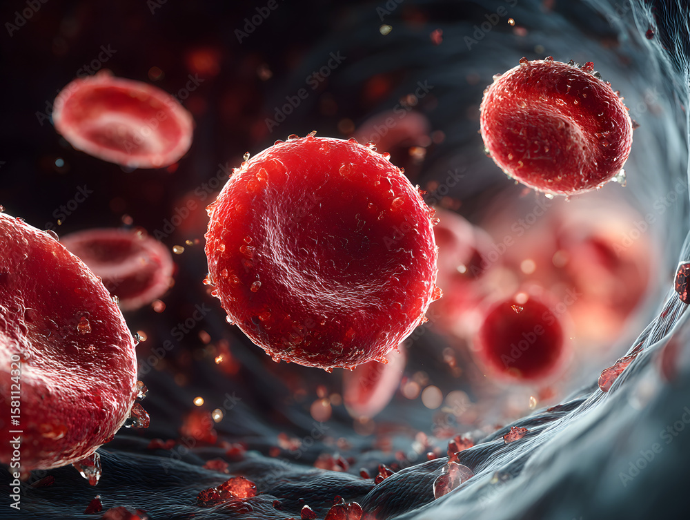Fototapeta premium Red Blood Cells Flowing Inside Blood Vessel — 3D Medical Illustration