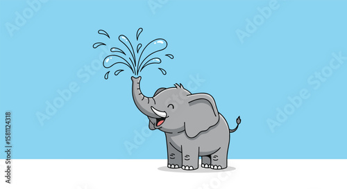 Cute baby elephant spraying water happily on a sunny blue sky background