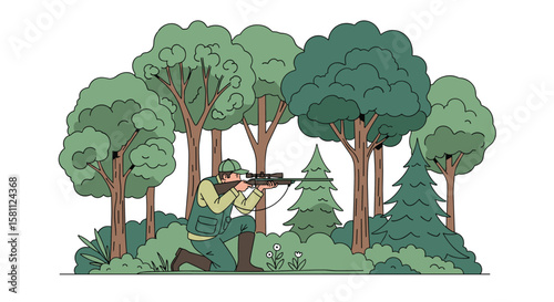 A soldier aims his rifle through thick forest foliage while crouching ready