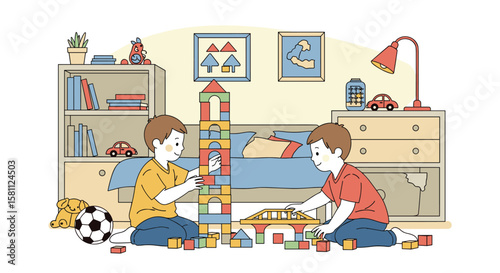 Two young boys building a colorful block tower and bridge in their bedroom creating a playful environment