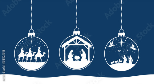 Three nativity scene christmas ornaments hanging on a snowy blue background