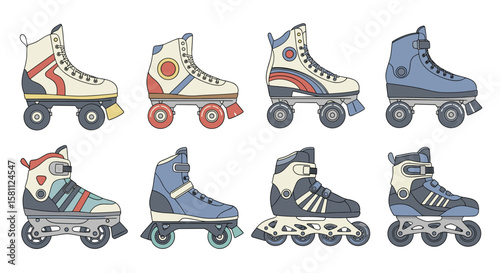 Collection of artistic roller skates and inline skates featuring vibrant colors and retro designs