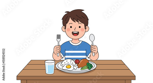 Young boy eagerly ready to enjoy a healthy and nutritious meal with utensils
