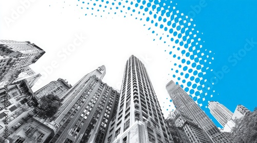 Pop art style cityscape with a black and white architectural photo and a blue halftone dot pattern.