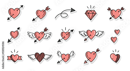 Collection of hand drawn heart icons with arrows and wings romantic symbols for celebration and design