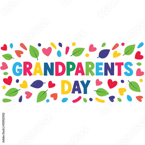 Grandparents Day colorful text with hearts and leaves decoration  