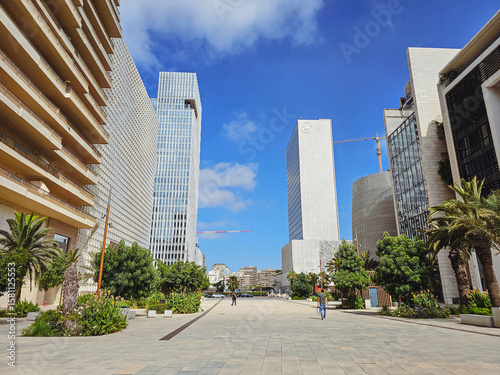 view of modern business buildings at Casablanca Finance City (CFC) . Located in the heart of Anfa, a dynamic finance district with sleek architecture, Morocco’s economic capital.