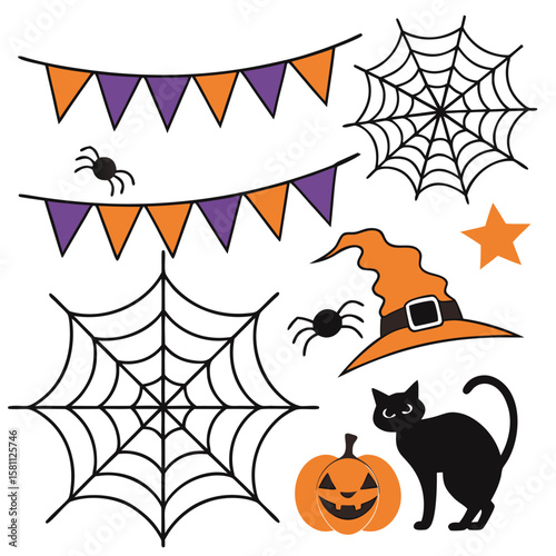 Halloween themed clip art featuring a black cat pumpkin witch hat spider webs and pennant banners d?cor