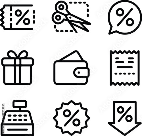 Modern Line Icons:  Sale, Discount, Shopping, Retail, and Finance Symbols;  Clean, Minimalist Style.