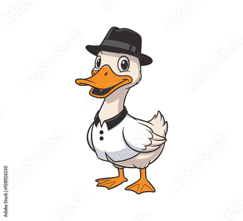 Cartoon duck wearing a hat and shirt isolated on white background