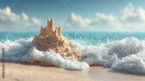 A detailed sand castle stands proudly on the shore, surrounded by gentle ocean waves. Soft sunlight illuminates the scene, creating a tranquil beach atmosphere.