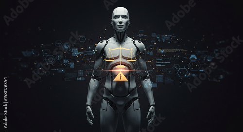 A futuristic humanoid robot stands with a symbol in its chest. 