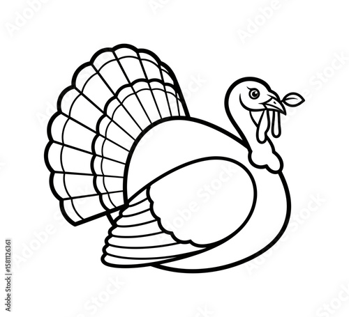 Outline illustration of a turkey with fanned tail isolated on white