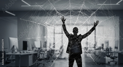 A man with outstretched arms, intertwined by lines, standing in an office. 