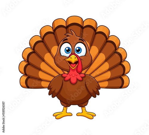 A colorful cartoon turkey with its fan tail spread wide