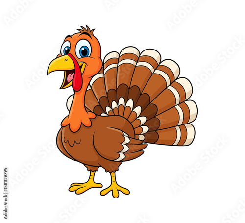 A cheerful cartoon turkey with its tail feathers fanned out