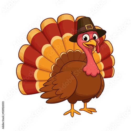 A cartoon turkey wearing a pilgrim hat stands proudly