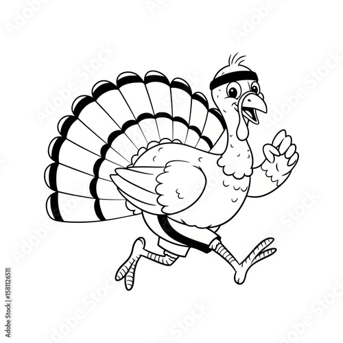A cartoon turkey wearing athletic gear runs forward