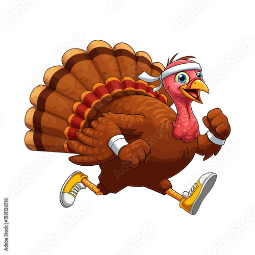 A cartoon turkey wearing a headband and wristbands runs