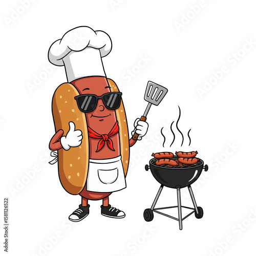 Cartoon hot dog chef grilling, isolated on white background