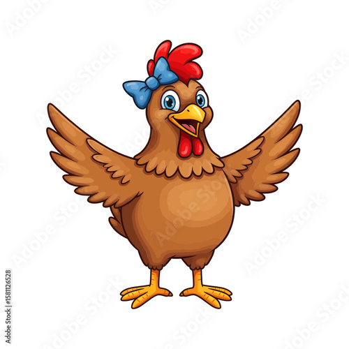 Cute cartoon chicken with wings spread, isolated on white background
