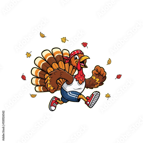 Running turkey with autumn leaves isolated on white background