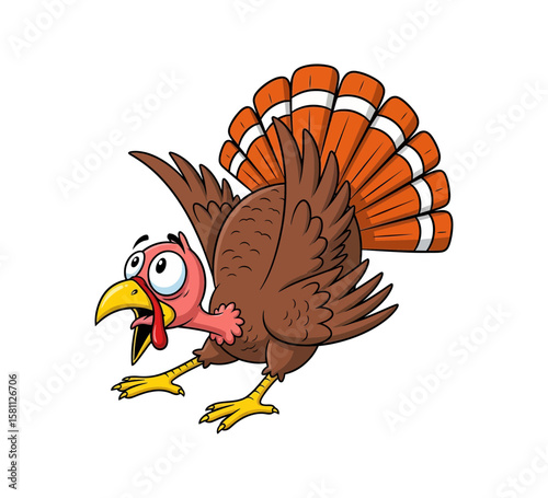 A funny cartoon turkey running with its wings out