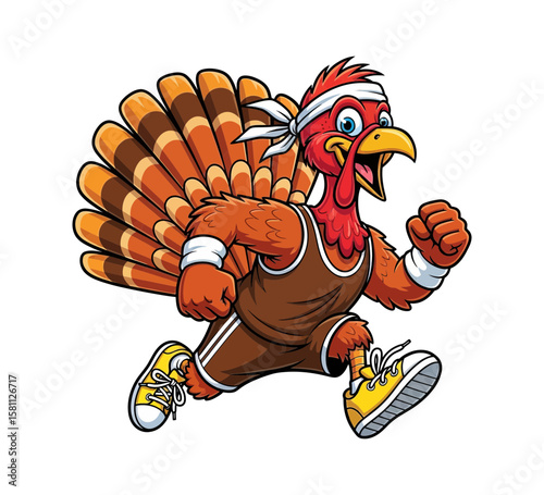 A fit turkey running with a headband and athletic wear