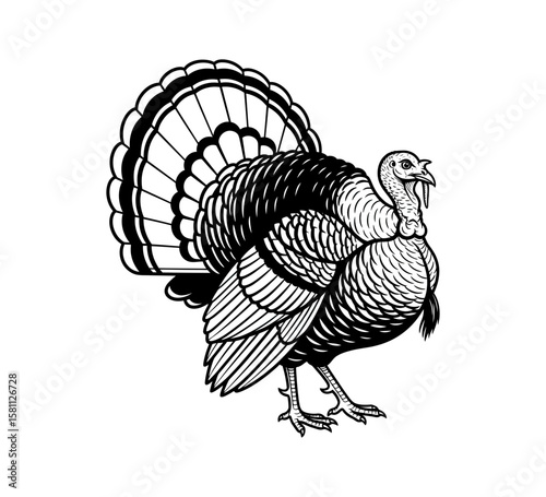 A detailed black and white drawing of a turkey with its tail feathers fanned out