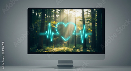 Heart rate monitor on computer screen showing forest scene. 