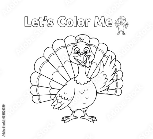 A cute cartoon turkey with fanned tail feathers for a childrens coloring page